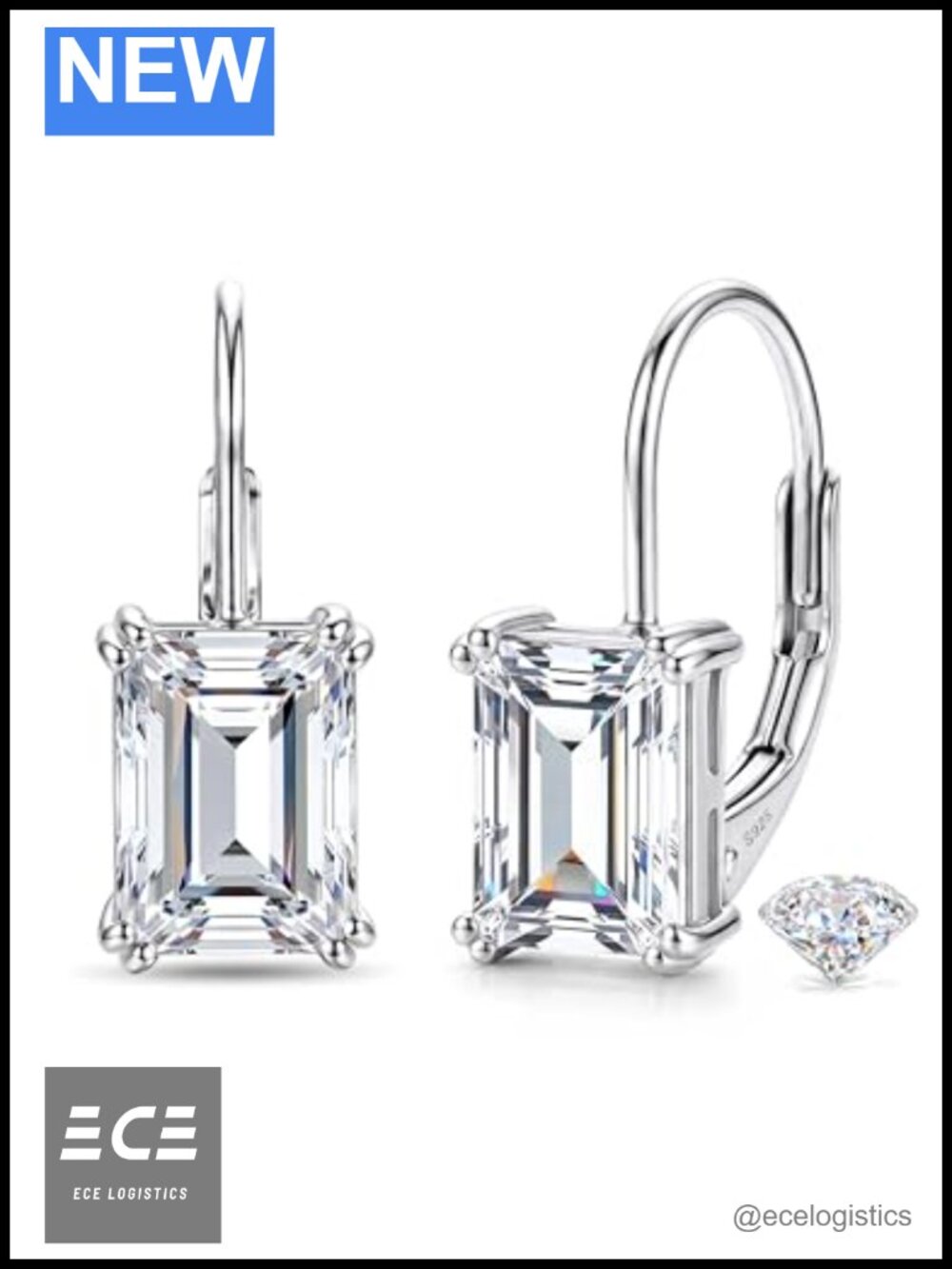 Moissanite Leverback Earrings 925 Sterling Silver 18k White Gold Plated Drop